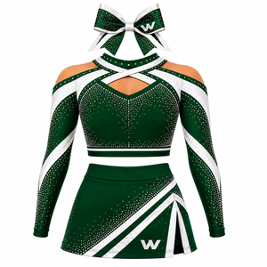 WARPRO Cheerleading Uniform Set Green White <b>Rhinestone</b> Sublimation Print Long Sleeve <b>Crop</b> <b>Top</b> Skirt Adult Women - Product Image 3