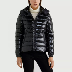 Women Black Shiny Polyester <b>Winter</b> Hooded Bubble <b>Jacket</b> Long Sleeve Lightweight Zipper Closure <b>Waterproof</b> Bubble <b>jackets</b> - Product Image 1