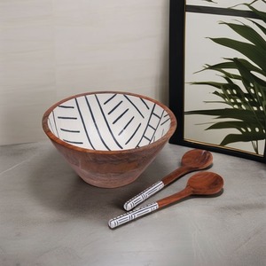 Solid Wood Salad Bowl Set Polished Round <b>Serving</b> Bowl with Wooden <b>Spoon</b> for Wedding Fruit and Home Decor - Product Image 1