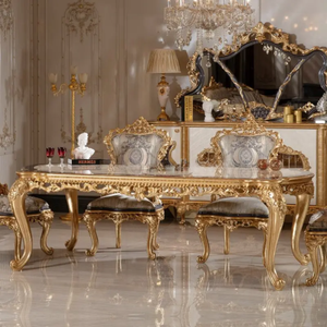 Elegante Juego de Comedor Francés de Madera de Caoba Maciza, Tallado a Mano, Acabado en Crema Marfil y Dorado, con Aparador y Espejo - Product Image 4