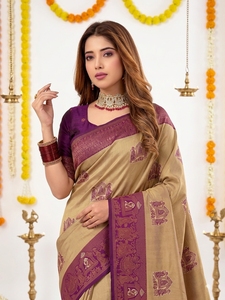 <b>Purple</b> Beige Silk <b>Saree</b> Traditional Print Sun Protection All Seasons Wedding Women's Floor-Length Regular Fit India Pakistan - Product Image 2