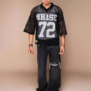 Camiseta de Fútbol Oversize para Hombre, Manga Corta, Cuello en V, Estampado de Número, Estilo Urbano, Azul y Naranja con Ribete en Contraste, Poliéster Tejido - Product Image 4