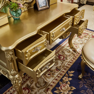 European Style <b>Solid</b> Mahogany Gold Makeup <b>Dressing</b> <b>Table</b> with Storage 5-Drawer Features Hand-Carved Vintage Bedroom Furniture - Product Image 4