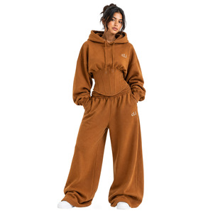 Ensemble de survêtement pour femme avec sweat à capuche oversize à taille corset de créateur, pantalon palazzo en molleton, logo personnalisé, en coton épais, tenue d'hiver et d'automne - Product Image 2