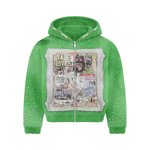 Sudadera con capucha extragrande con cremallera para hombre, negra, con pedrería, estilo vintage, estampado gráfico hip hop, unisex, ropa de calle - Product Image 3