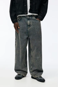 OEM Custom Logo Light Blue Baggy Men's Jeans 100% Cotton Wide Leg Pants Print Dark Colored Zip Washed High Street Plus Size - Product Image 2