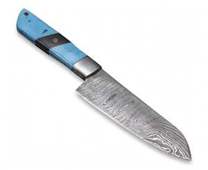 Couteau Santoku de cuisine artisanal en acier Damas avec manche en os turquoise - Product Image 5