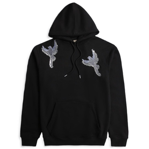 Sweat-shirt à capuche noir pour homme, motif oiseaux brodés de sequins, coupe oversize, décontracté, en coton tricoté, pull d'hiver avec poche - Product Image 1