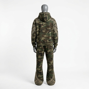 Mens <b>Camouflage</b> Hoodie Tracksuit <b>Cargo</b> <b>Pants</b> Rhinestone Leaf Embroidery Custom Streetwear Sportswear Matching Set - Product Image 2