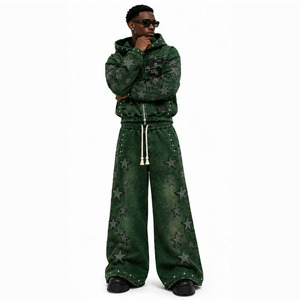 Custom Logo <b>Men</b> Streetwear Acid Wash Zip Hoodie and Wide Leg Pants Set Unisex OEM Heavyweight <b>Green</b> Washed Fleece <b>Tracksuit</b> Set - Product Image 3