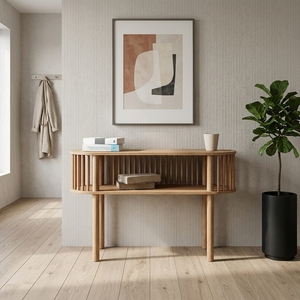 Solid <b>Wood</b> Living Room Cabinets Mid Century Modern Slatted Sideboard Oval Storage Credenza Handmade Wooden Entryway Console <b>Unit</b> - Product Image 3