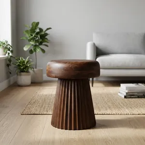 Solid <b>Wooden</b> <b>Bedside</b> End Table Handcrafted Fluted Round Nightstand <b>Lamp</b> Table Dark Brown Accent Furniture for Home Decor - Product Image 1