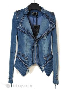 Blouson moto en jean bleu pour femme, manches longues, col rabattable, fermeture éclair, couleur unie, respirant, automne, coupe courte - Product Image 5