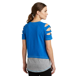 Women's Blue Cold Shoulder T-Shirt Glitter Print Letter Design Slim Fit Casual Short Sleeve Crew Neck Breathable Summer Top - Product Image 3