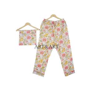 Ensemble de pyjama pour femmes en coton imprimé numérique à fleurs, 3 pièces, 100% coton, taille élastique, manches longues, style vintage, fabrication artisanale indienne - Product Image 3