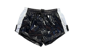 Glossy PU-Nylon Sprint Shorts – <b>Black</b> with <b>White</b> Side <b>Stripes</b> - Product Image 4