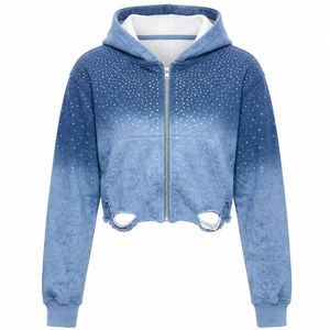 Sudadera con capucha para mujer, estilo crop, con efecto lavado, pedrería y dobladillo desgastado, manga larga, estilo streetwear, top de moda, venta al por mayor en EE. UU. - Product Image 1