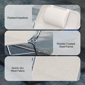 Set di 2 Chaise Longue Pieghevoli Bianco Crema con Schienale Reclinabile, Seduta in Rete Traspirante e Poggiatesta per Prendere il Sole a Bordo Piscina - Product Image 6