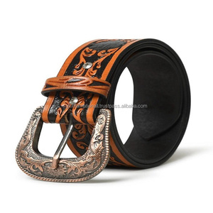 เข็มขัดเครื่องมือหนังตะวันตกแกะสลักด้วยมือผู้ชายสองโทนที่กําหนดเองพร้อมชุดหัวเข็มขัดตะวันตกโบราณทองแดงของนักออกแบบ - Product Image 1