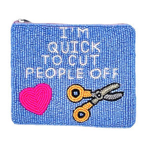 Porte-monnaie à fermeture éclair avec broderie de fleurs en perles, motif de citation amusante, sac à main artisanal, pochette, cadeau personnalisé en gros, design tendance et à la mode - Product Image 1