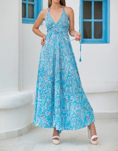 Vestido Maxi de Gasa con Estampado Floral Azul, Cuello en V, Sin Mangas, Corte en A, Cintura Imperio, Transpirable, con Cordón Ajustable, Estilo Vacacional, Casual de Verano - Product Image 2