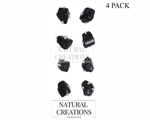 925 <b>Silver</b> Natural Black Tourmaline Rough Butterfly Lock <b>Stud</b> <b>Earrings</b> Fashion Trendy Dainty Prong Setting Pack of 4 Pairs - Product Image 1