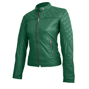 Women's Green <b>Leather</b> Motorcycle <b>Jacket</b> Quilted Stand Collar Full Sleeve Zipper Closure Solid Color Autumn Wear - Product Image 6