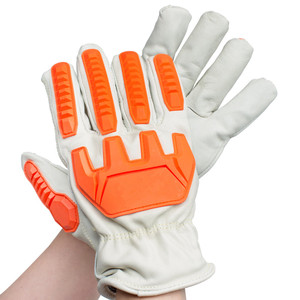 Gants de sécurité anti-coupure en cuir blanc avec paume en Kevlar et protections anti-choc orange, niveau de protection contre les coupures ANSI/ISEA 7 - Product Image 1