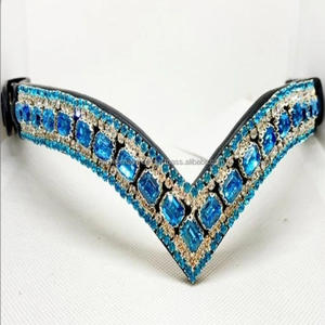 Banda de ceja de caballo de cuero acolchado en forma de V profundo con cadena de diamantes Aqua Blue Crystals banda de ceja de brida mega Bling - Product Image 5