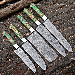 Hand Forged 5 Pcs Damascus Steel Full Tang Professional Kitchen Knives <b>Set</b> Multicolor Option Pakka Wood Handle & Leather Bag OEM - Product Image 4