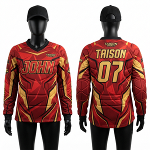 เสื้อเพนท์บอลชาย พรีเมียม โพลีเอสเตอร์ 100% 220 กรัม ระบายอากาศได้ดี สีแดงทอง พิมพ์ลายดิจิตอลตามสั่ง ป้องกันแบคทีเรีย ป้องกันรังสียูวี - Product Image 1