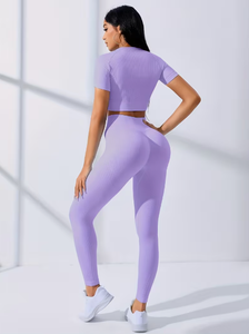 Lavender Ribbed Yoga Set High Waist Full Length <b>Leggings</b> With Short Sleeve <b>Crop</b> Top Seamless Four-Way Stretch Two Piece - Product Image 3