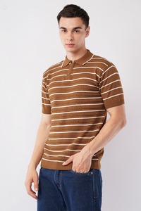 Camiseta polo a rayas marrones para hombre, mezcla de algodón, tejido de punto, manga corta, ropa informal de verano - Product Image 3