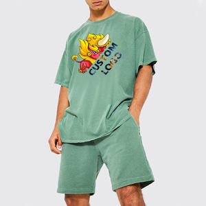 Custom Summer Washed Cotton T Shirt Sweat Short and Shirt <b>Set</b> for Men 2 Piece Cotton Acid Wash Shirts - Product Image 2