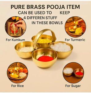 Brass 4 Bowl Pooja Roli Chawal Holder with Center Handle Traditional Pure Brass Kumkum Tilak Container Stand for <b>Mandir</b> Puja - Product Image 5