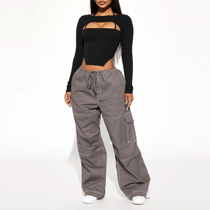 Pantalones Cargo para Mujer con Logotipo Personalizado, Color Gris, Corte Holgado, Cintura Media, Cierre con Cordón, Color Sólido, Estilo Casual, Pantalones Utilitarios Largos - Product Image 1