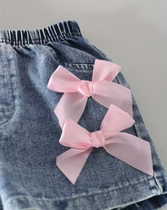 Pink Girls 2Pcs Set Short Sleeve T Shirt With Bows Denim Shorts Sweet Casual Summer Outfit - Product Image 5