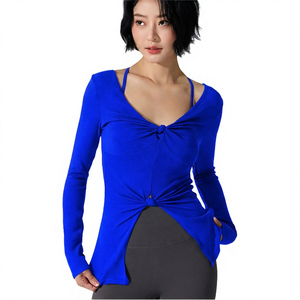 เสื้อโยคะแขนยาวสีม่วงสำหรับผู้หญิง ดีไซน์คอพันด้านหน้า ระบายอากาศได้ดี ทรงปกติ สีพื้น เสื้อกีฬา - Product Image 4