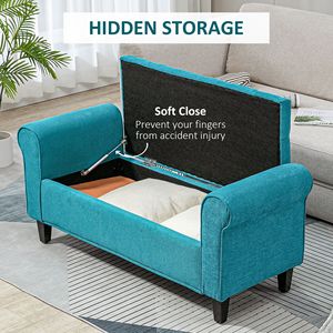 Panca ottomana imbottita con bottoni, colore verde acqua, da 50 pollici, con gambe in legno e braccioli arrotolati, con contenitore per il fondo del letto - Product Image 4
