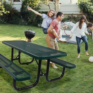 Tavolo da Picnic Rettangolare Verde da 6 Piedi in Acciaio per Esterni con Supporto per Ombrellone - Product Image 2