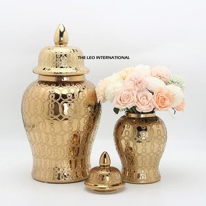 Unique Pattern Luxury Style Glossy Gold Color Table Ginger Jar for Gifting Purpose Set of 2 Embossed Texture - Product Image 1