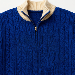 Women's Blue Cable Knit Half-Zip Cardigan With Contrast Trim Stand Collar Long Sleeve Autumn Classic Style Wholesale <b>University</b> - Product Image 5