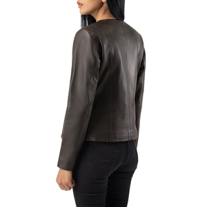 Chaqueta de Motocicleta de Cuero Genuino para Mujer, Cuello Redondo, Cierre de Cremallera, Manga Larga, Color Gris Oscuro Sólido, Abrigo de Otoño - Product Image 3