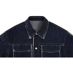 Veste en jean pour homme, bleu foncé, bords effilochés, col rabattu, coupe classique, style décontracté, manches longues, matière en coton - Product Image 3