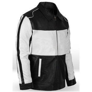 Blouson de moto en cuir véritable pour homme, noir et blanc, col rabattu, fermeture éclair, coupe classique, pour l'automne - Product Image 3