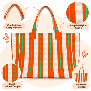 Bolsa de tela ecológica de nylon reciclado, reutilizable, para compras, con diseño a rayas. - Product Image 3