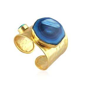 High demand jewelry blue agate slice with apatite quartz open cuff <b>bracelet</b> <b>solid</b> brass 18k gold plated hammered texture band - Product Image 2