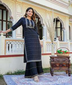 Rayon Geometrical Printed Black Women's Summer Ethnic Wear <b>Kurti</b> Customized Logo Quick Dry Recycled Materials Stylish - Product Image 2