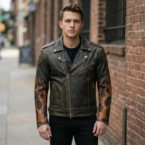 Veste de motard en cuir véritable vieilli pour homme avec motif flamme - Product Image 1