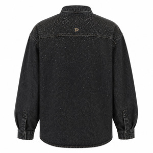 Camisa de Mezclilla Negra Lavada con Cristales Brillantes, Corte Holgado, Estilo Retro de los 90, Unisex, con Botones - Product Image 4